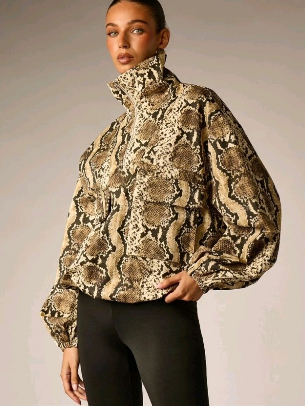 Snake Print Oversized Half-Zip Cropped Jacket With Stand Collar Balloon Sleeves
